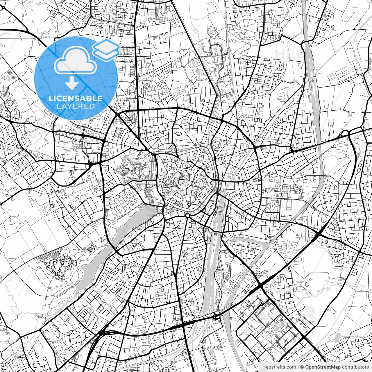 Layered PDF map of Münster, North Rhine-Westphalia, Germany