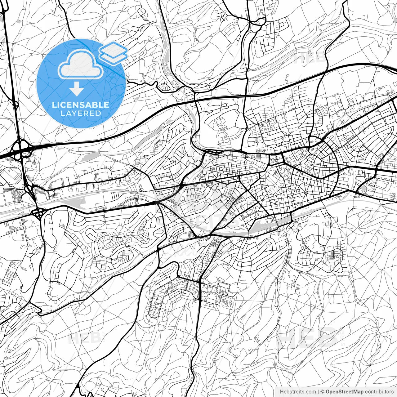 Layered PDF map of Kaiserslautern, Rheinland-Pfalz, Germany