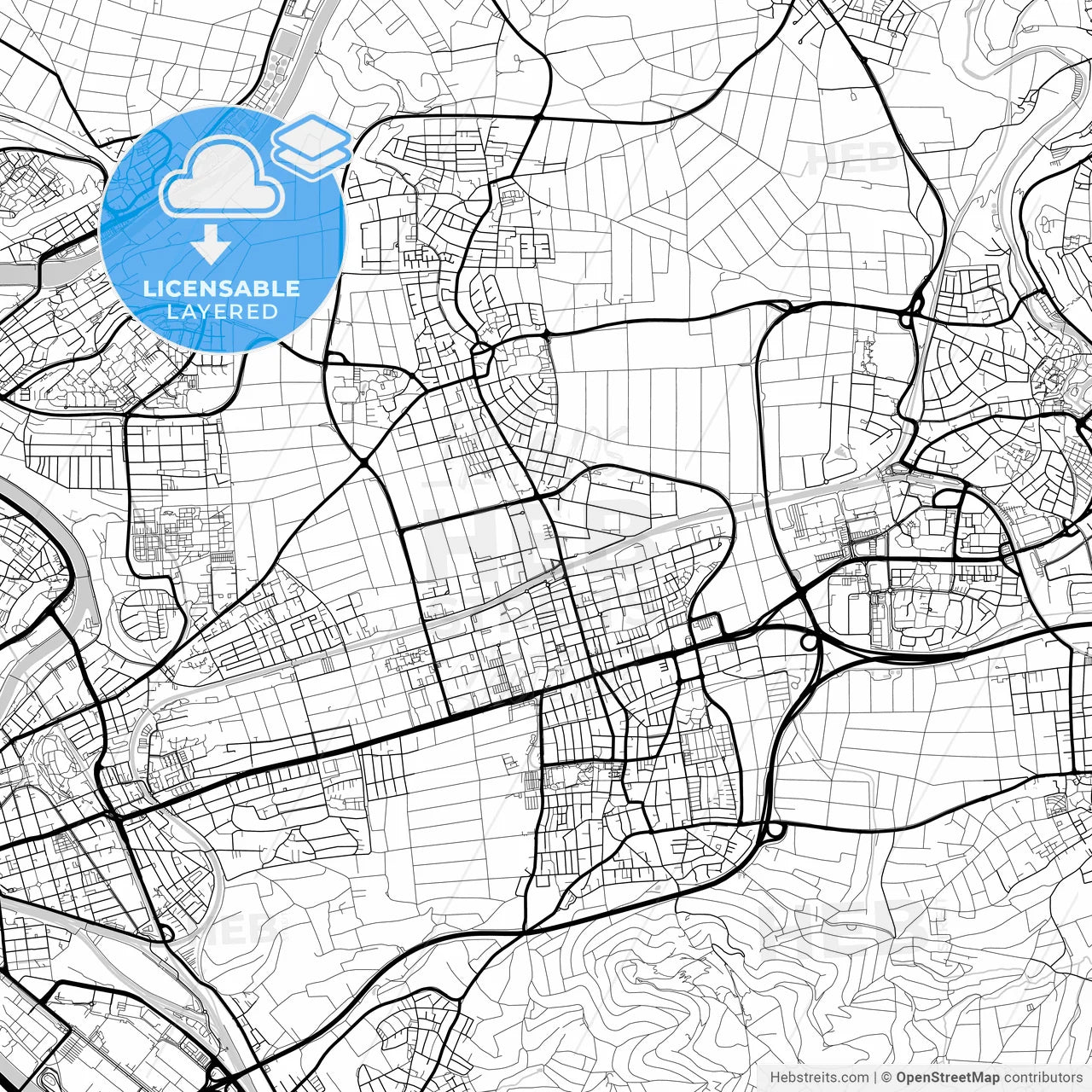 Layered PDF map of Fellbach, Baden-Wuerttemberg, Germany