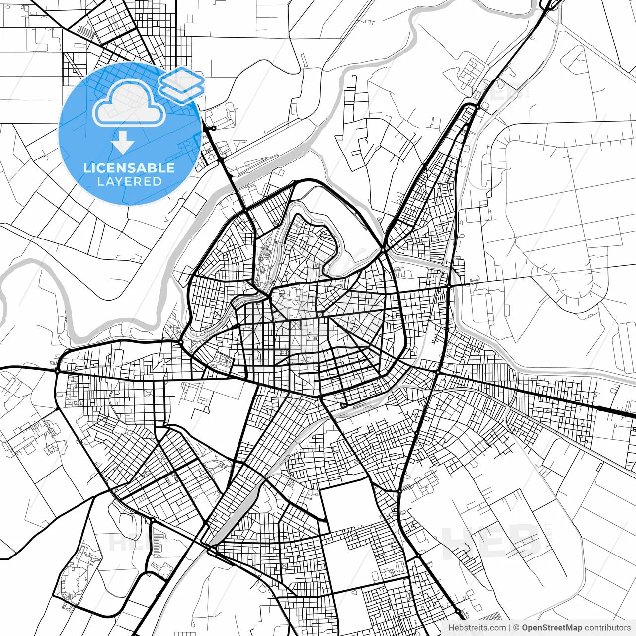 Layered PDF map of Larissa, Thessaly, Greece