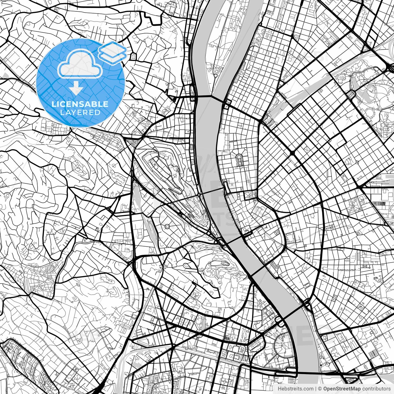 Layered PDF map of Budapest, Budapest, Hungary