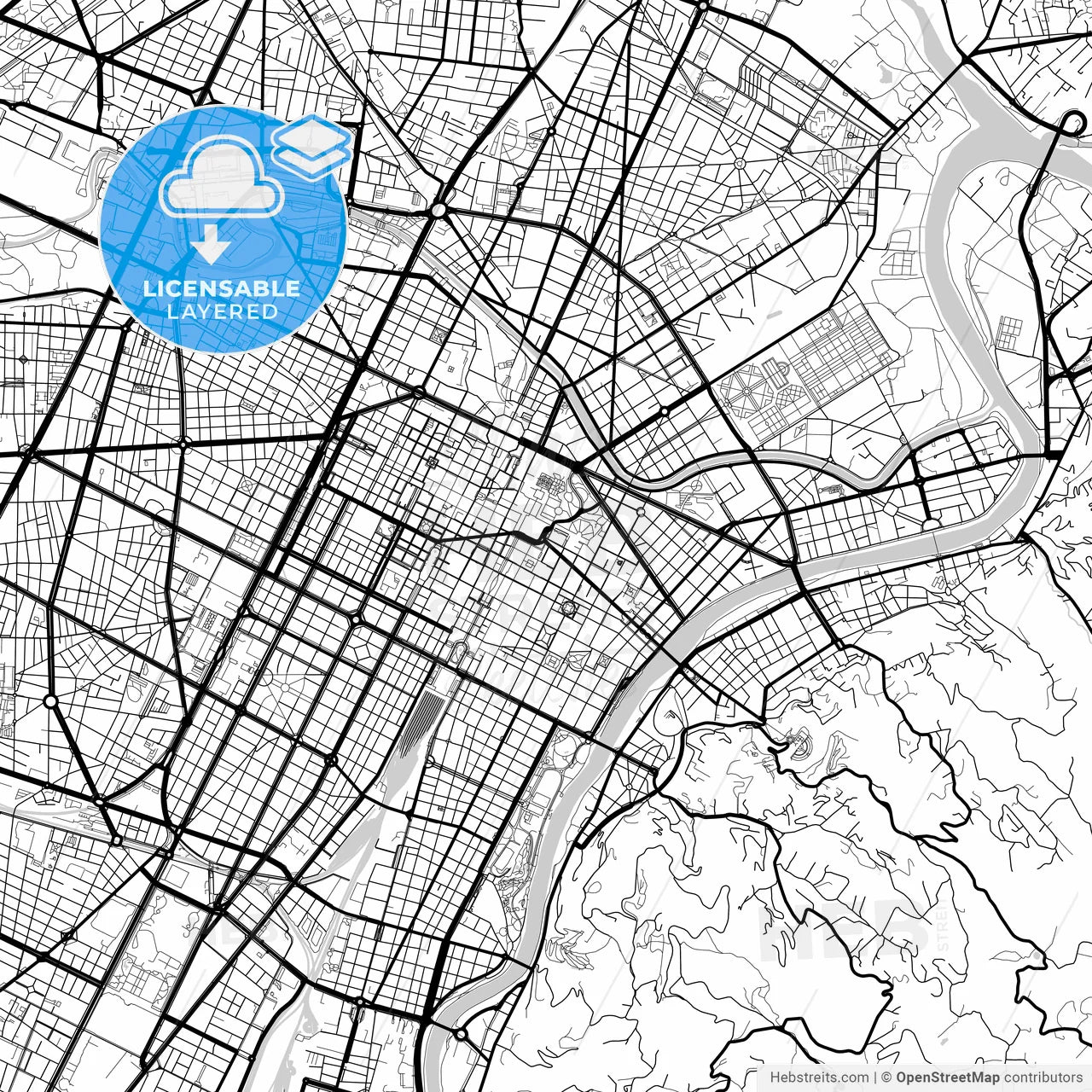 Layered PDF map of Turin, Piedmont, Italy