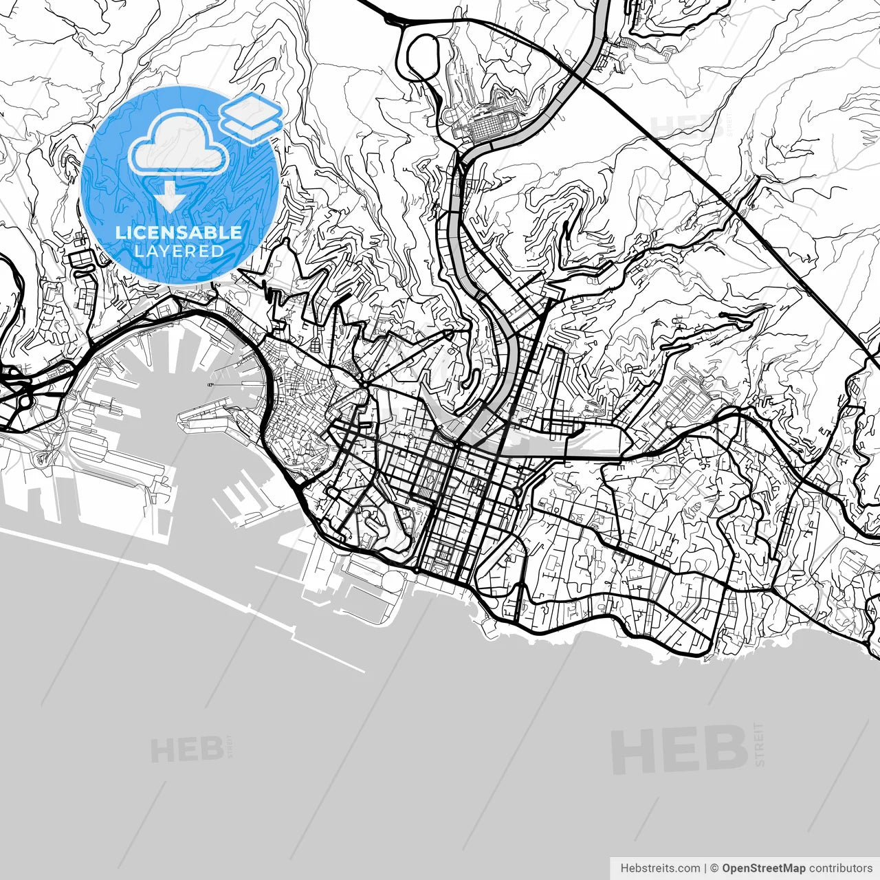 Layered PDF map of Genoa, Liguria, Italy
