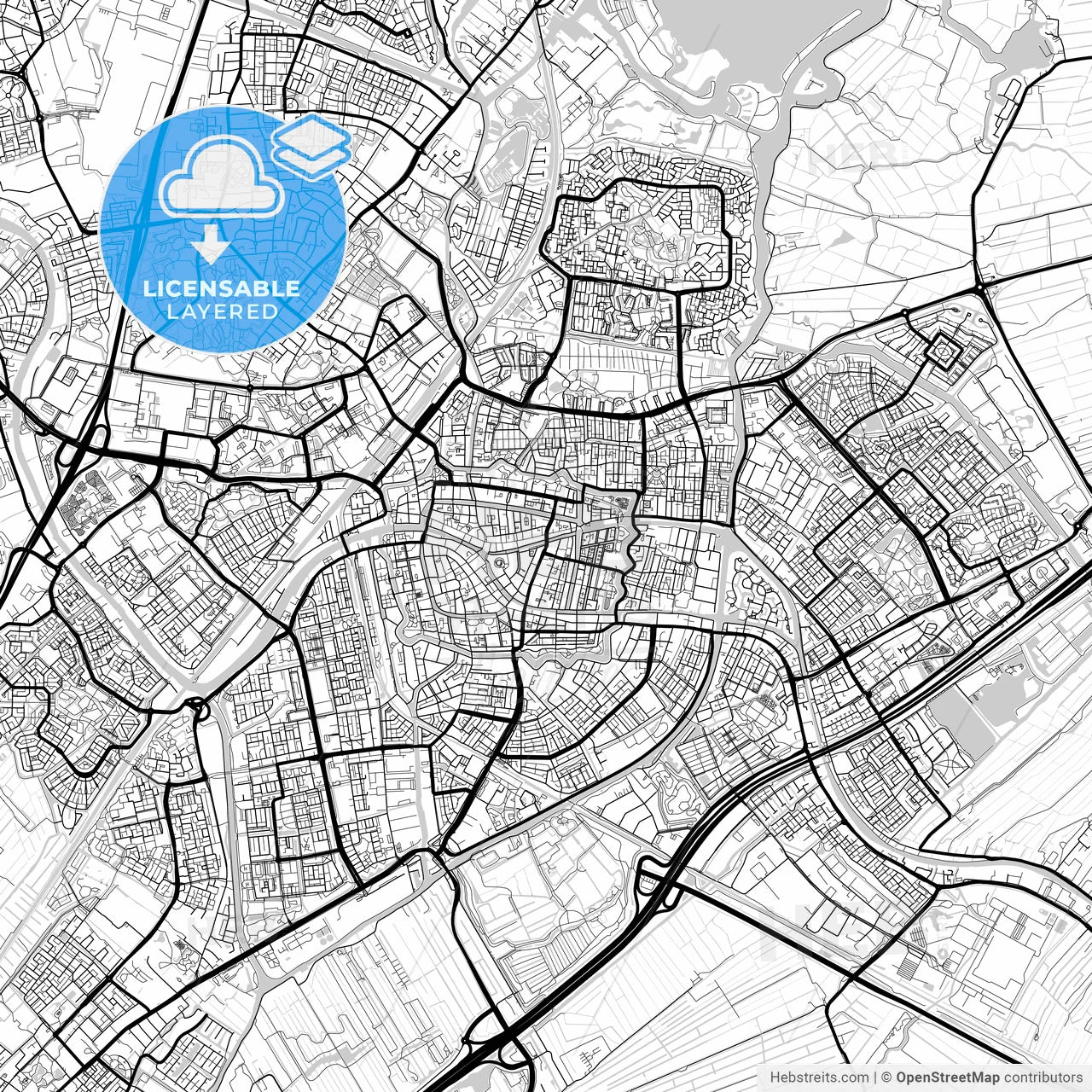 Layered PDF map of Leiden, South Holland, Netherlands