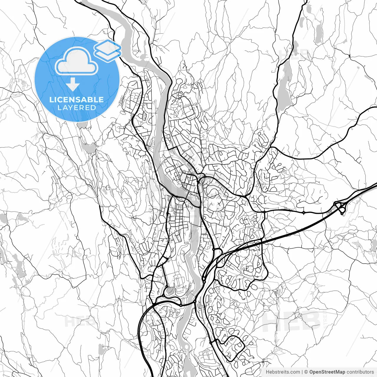 Layered PDF map of Kongsberg, Buskerud, Norway