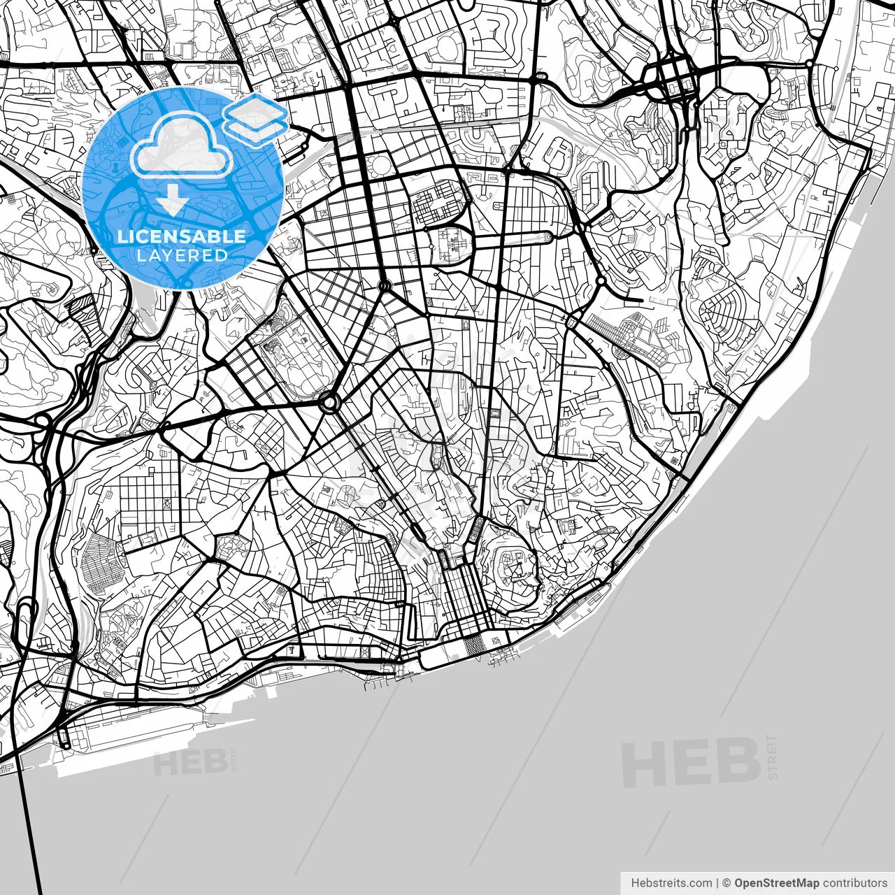 Layered PDF map of Lisbon, Lisbon, Portugal