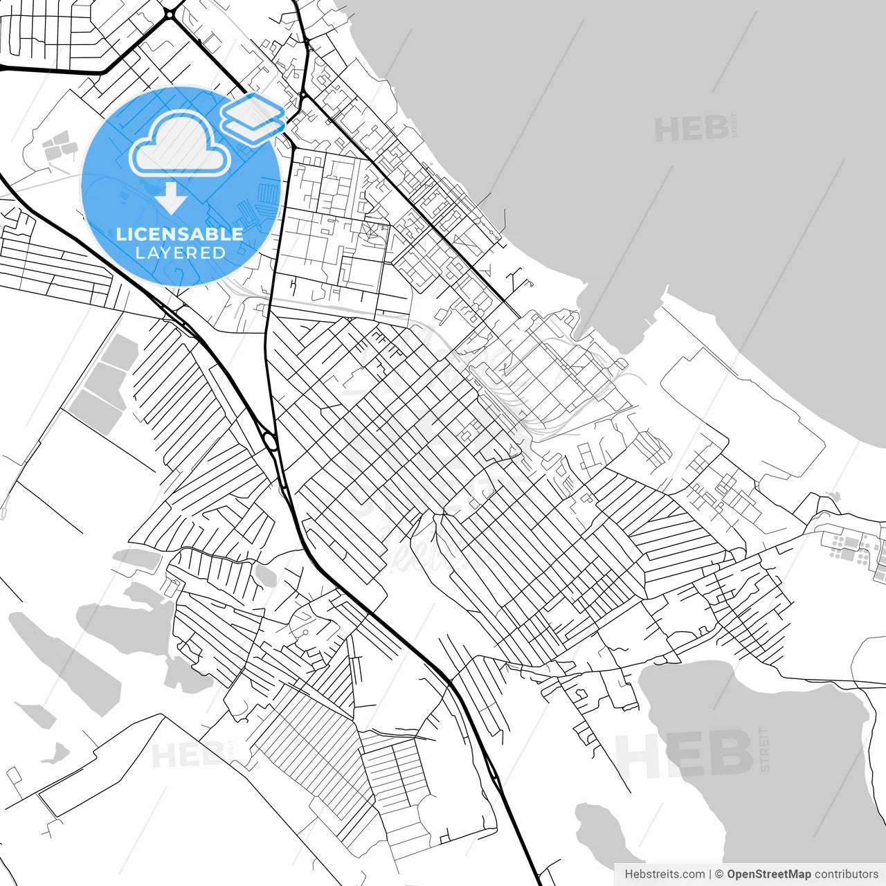 Layered PDF map of Kaspiysk, Republic of Dagestan, Russia