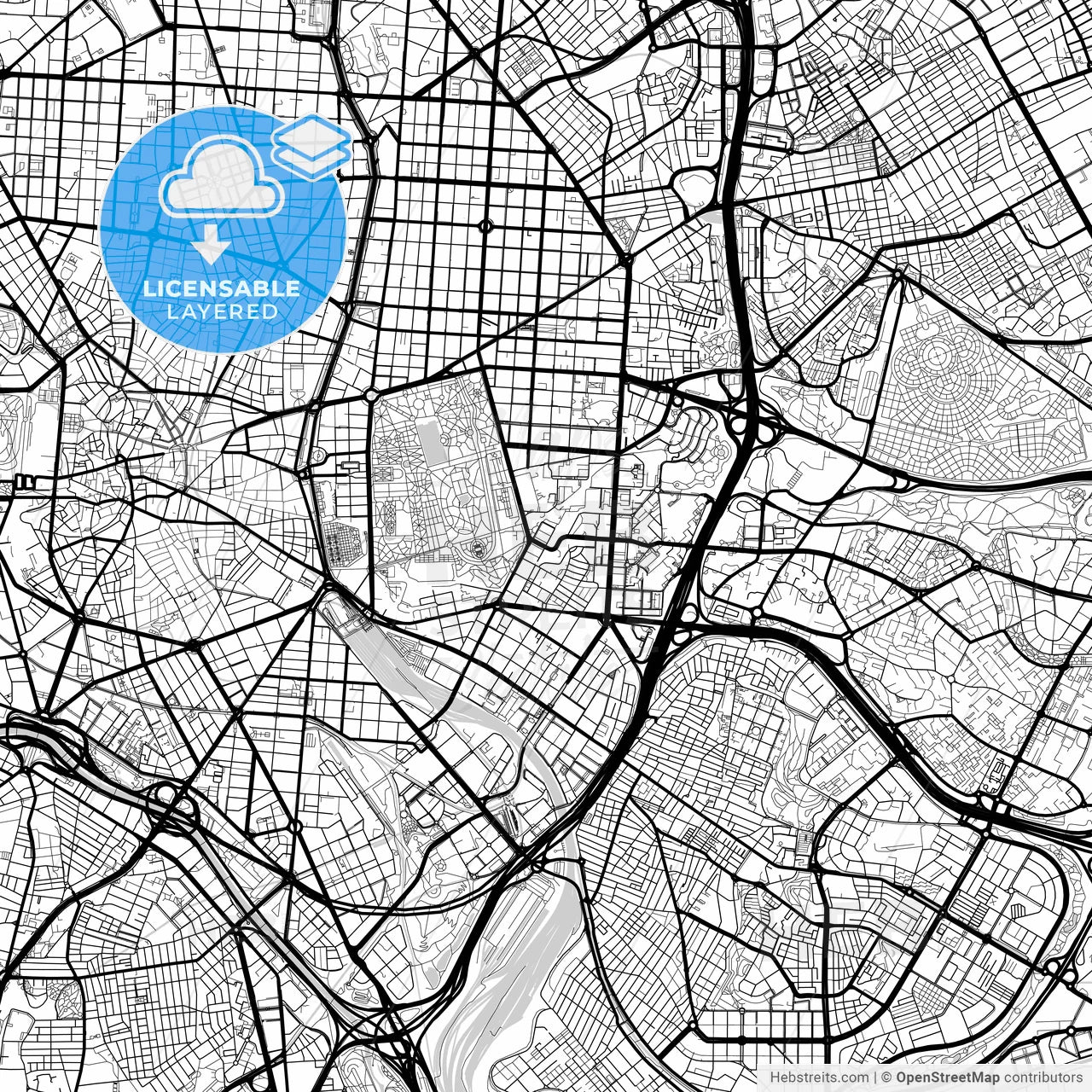 Layered PDF map of Retiro, Madrid, Spain