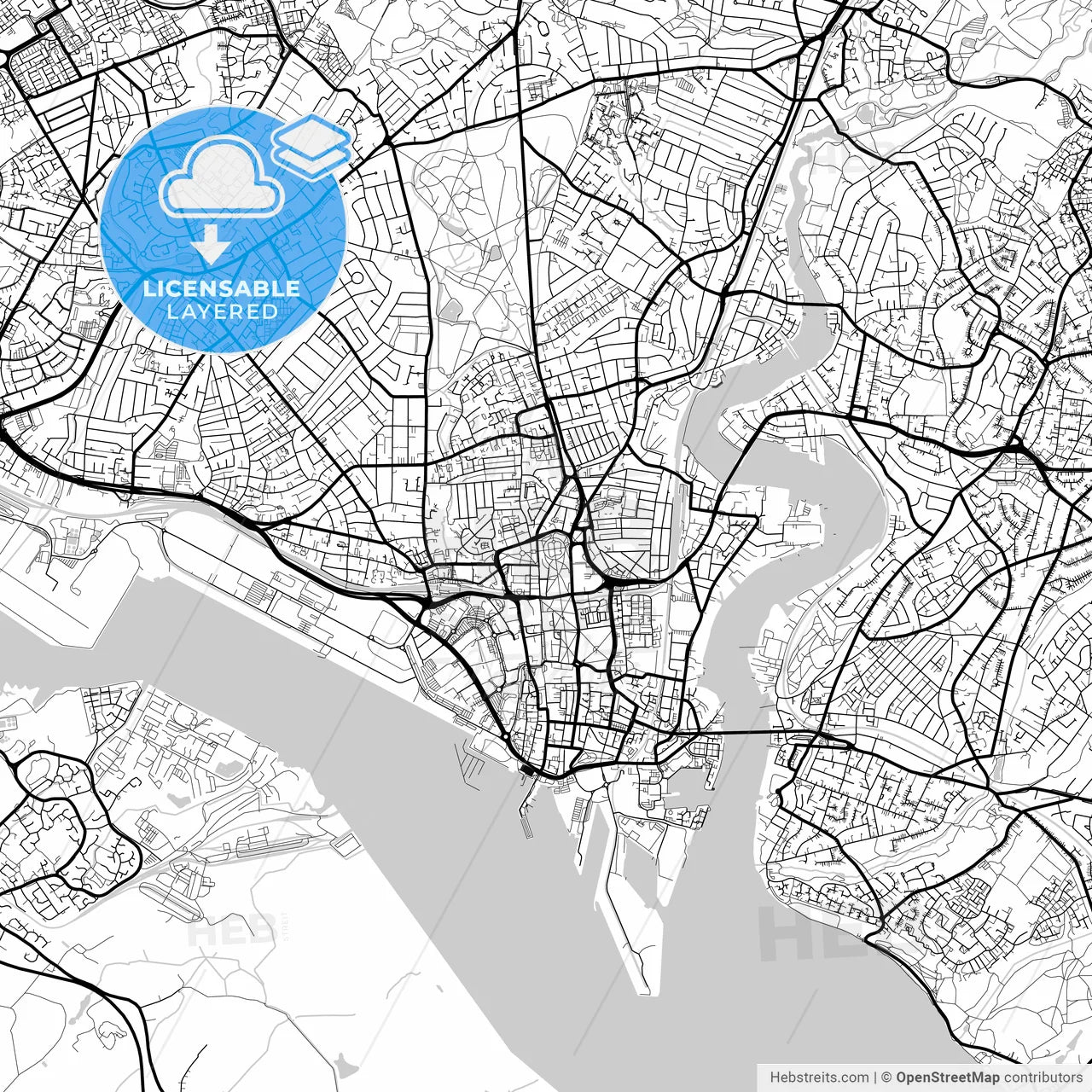 Layered PDF map of Southampton, South East England, England