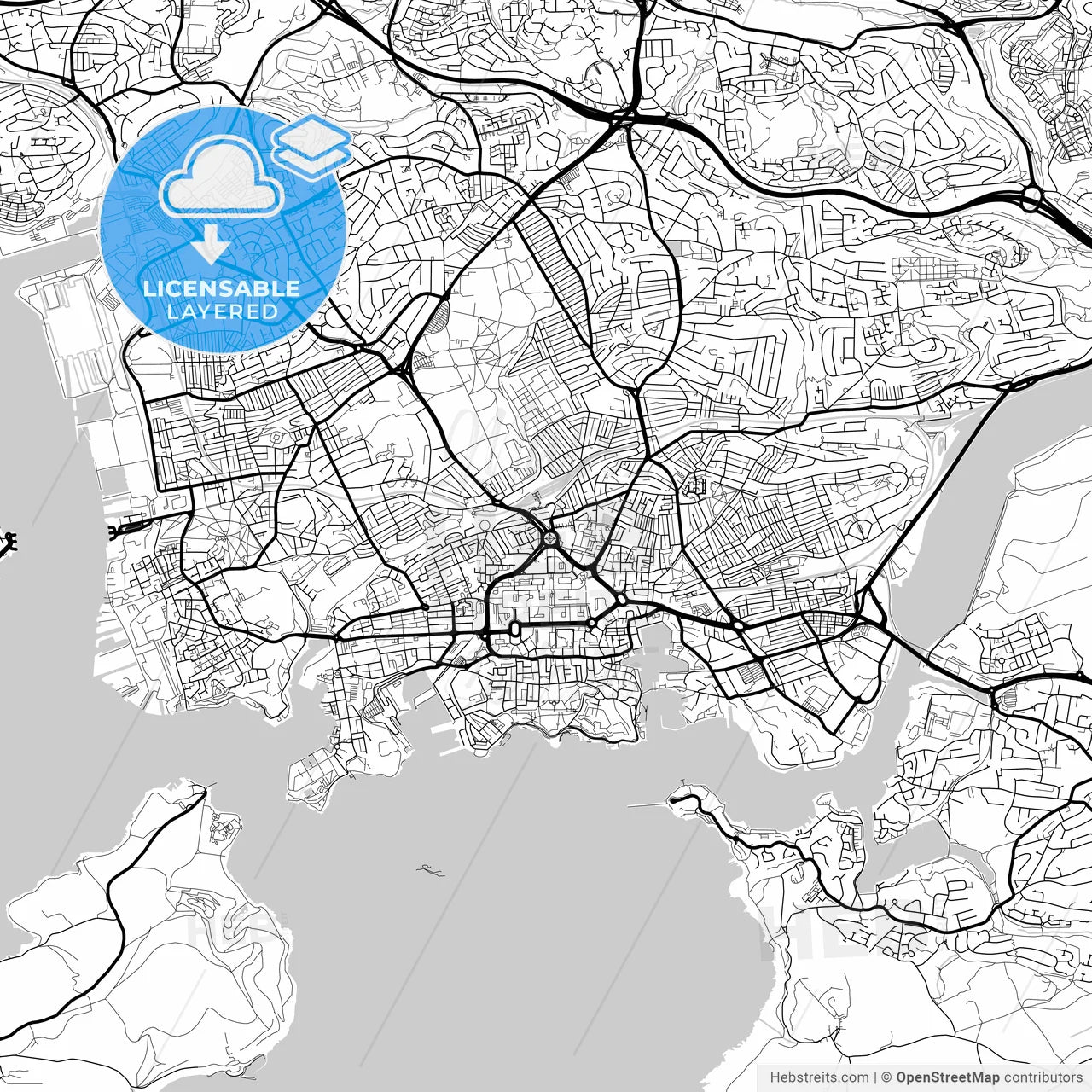 Layered PDF map of Plymouth, South West England, England