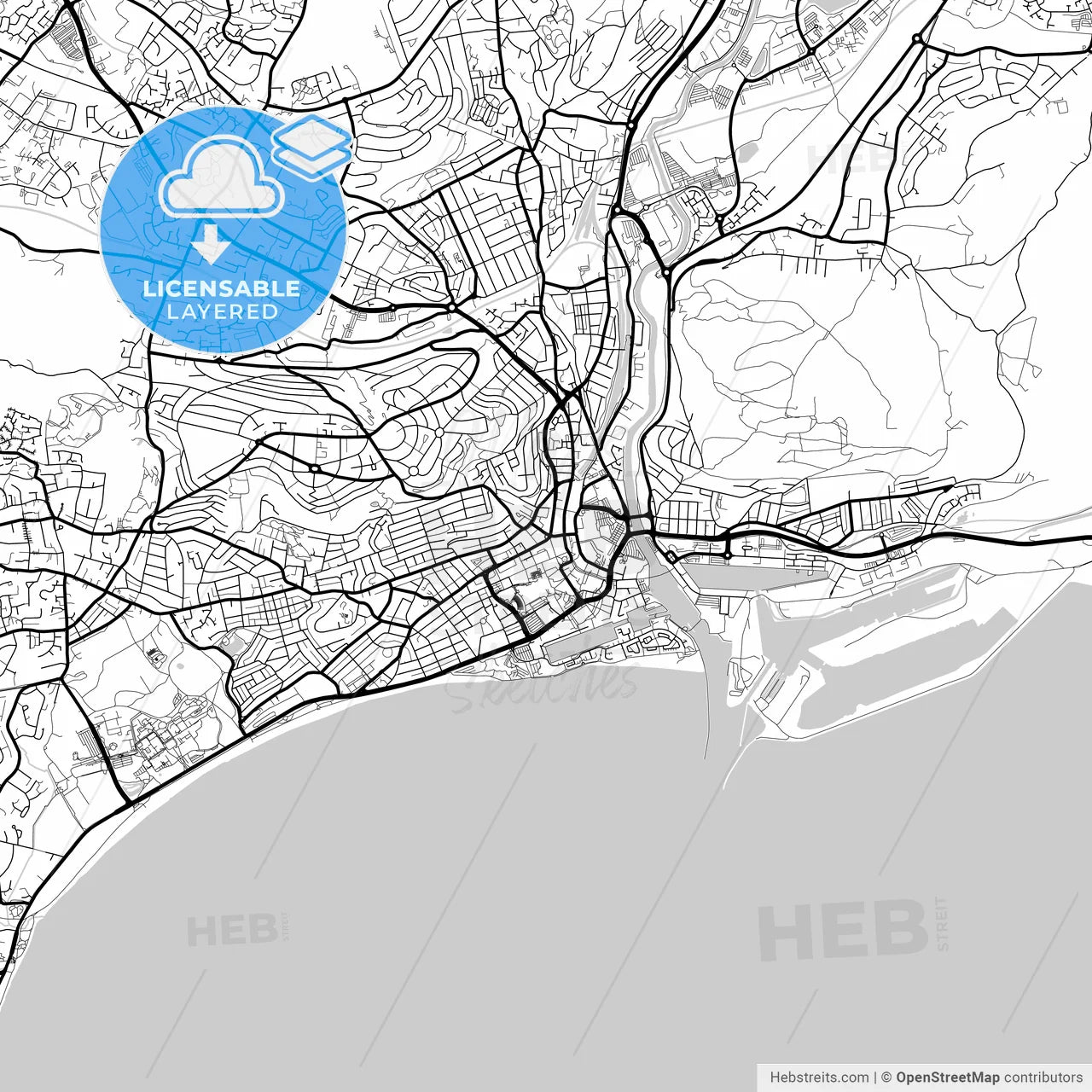 Layered PDF map of Swansea, Swansea, Wales