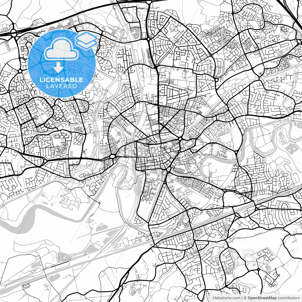 Layered PDF map of Warrington, North West England, England