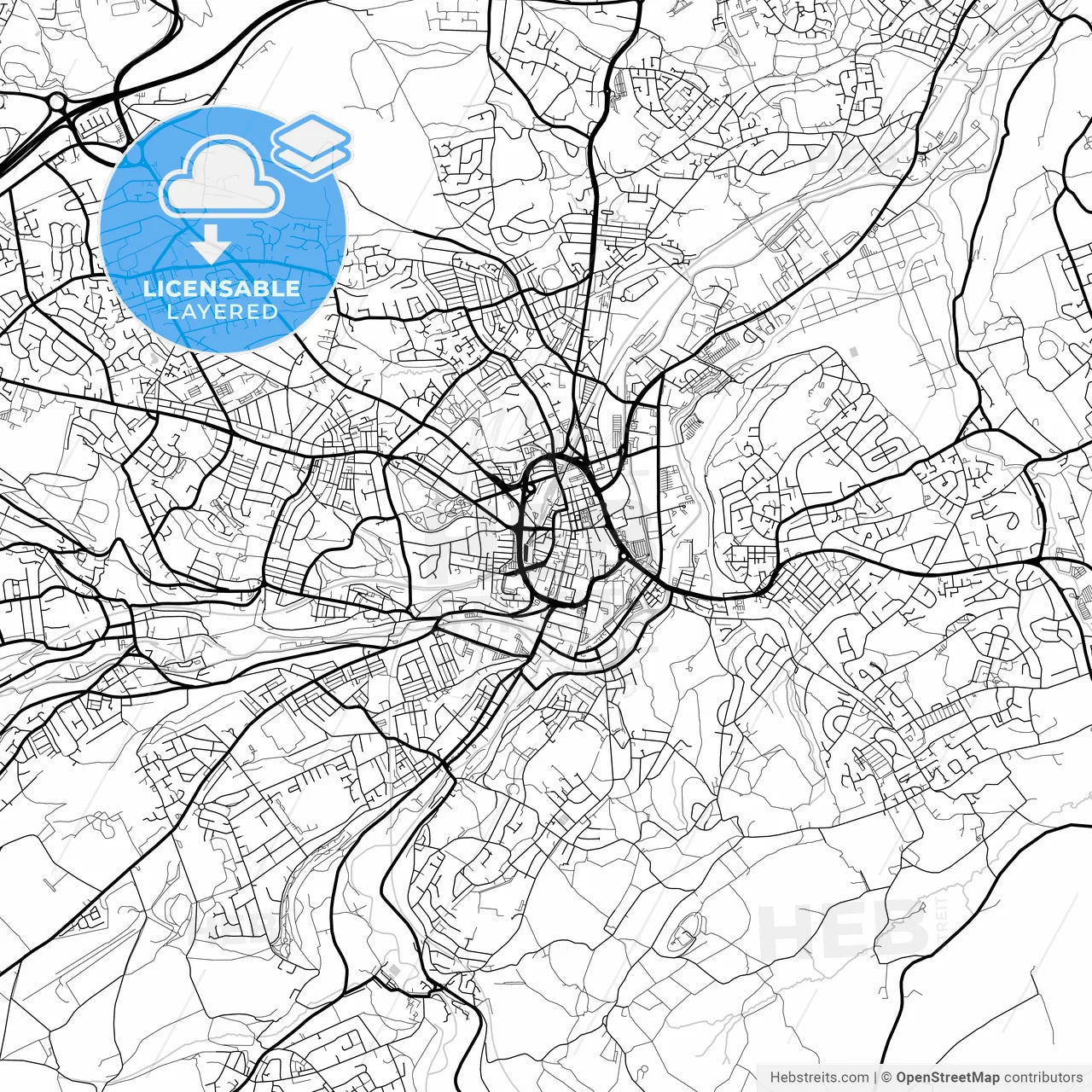 Layered PDF map of Huddersfield, Yorkshire and the Humber, England