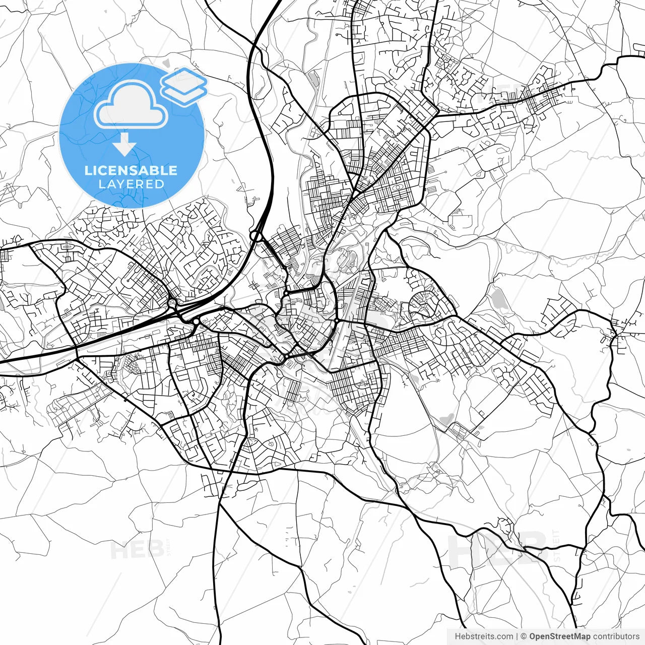 Layered PDF map of Burnley, North West England, England