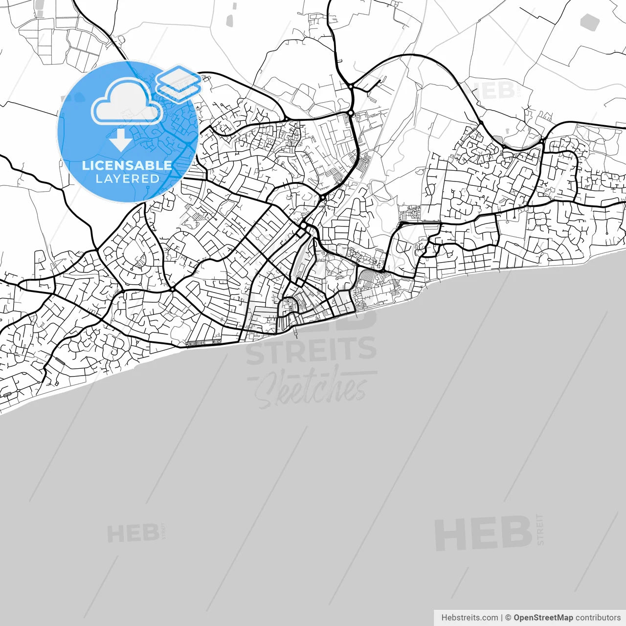 Layered PDF map of Bognor Regis, South East England, England