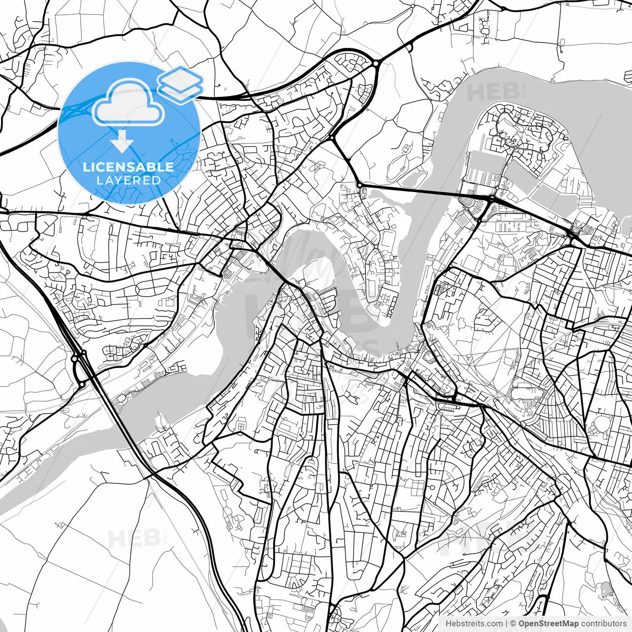 Layered PDF map of Rochester, South East England, England