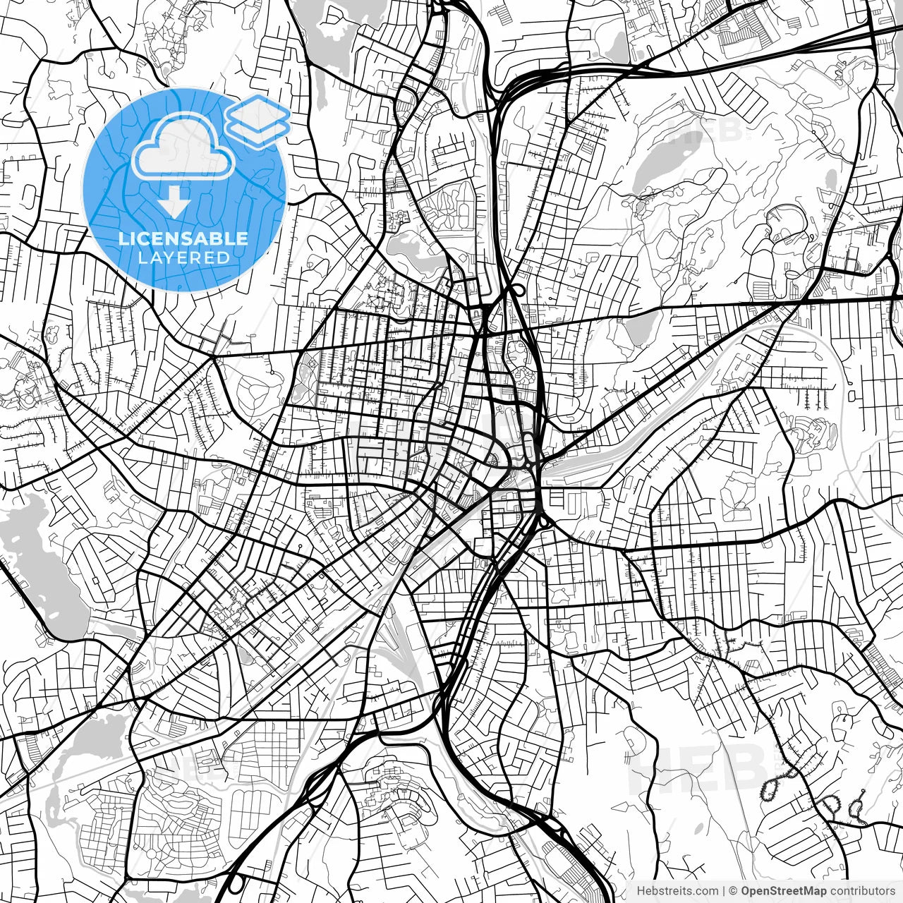 Layered PDF map of Worcester, Massachusetts, United States