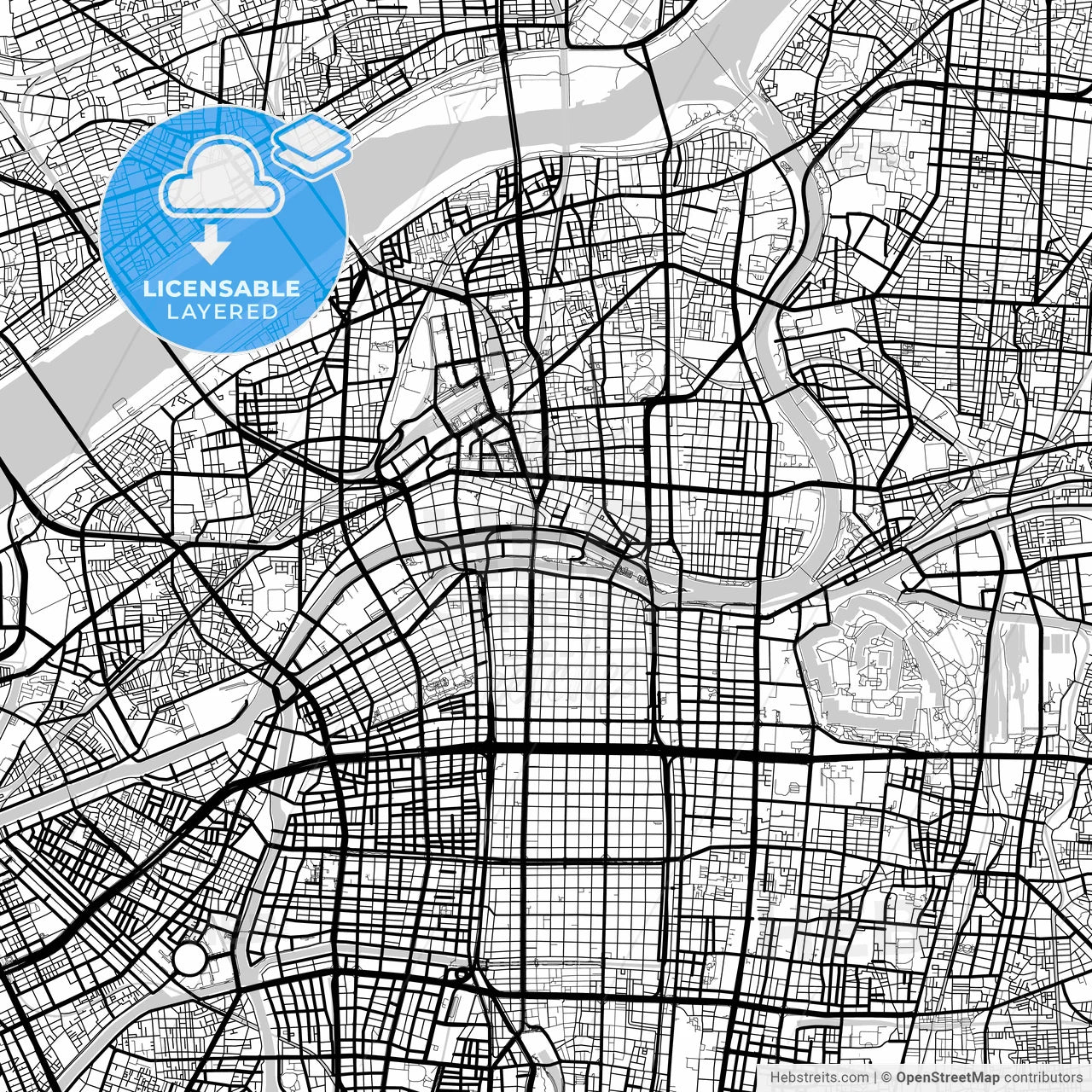 Layered PDF map of Osaka, Osaka, Japan
