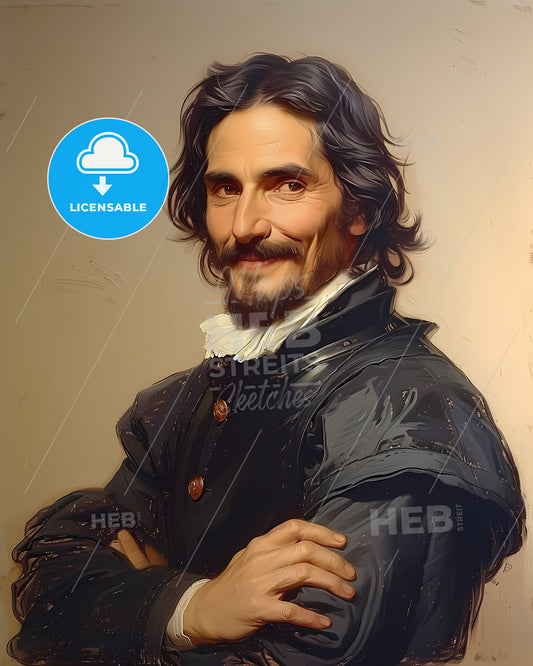 Hernán, Cortés, 1485 - 1547, a man with long hair and beard wearing a black coat