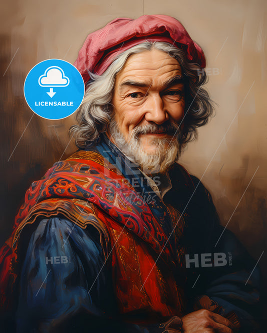 Geoffrey, Chaucer, 1343 - 1400, a man with a beard and a red hat