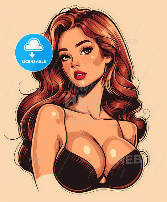 retro, vintage pin-up, art illustration , a woman with long hair wearing a garment
