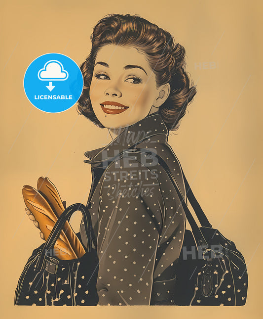charming, pinup woman, sweeping overdrawn lines, a woman with a bag and a bag of bread