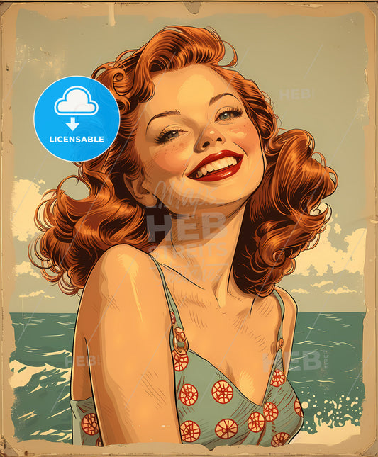 Happy, at sea, sweeping overdrawn lines, a woman smiling at the camera