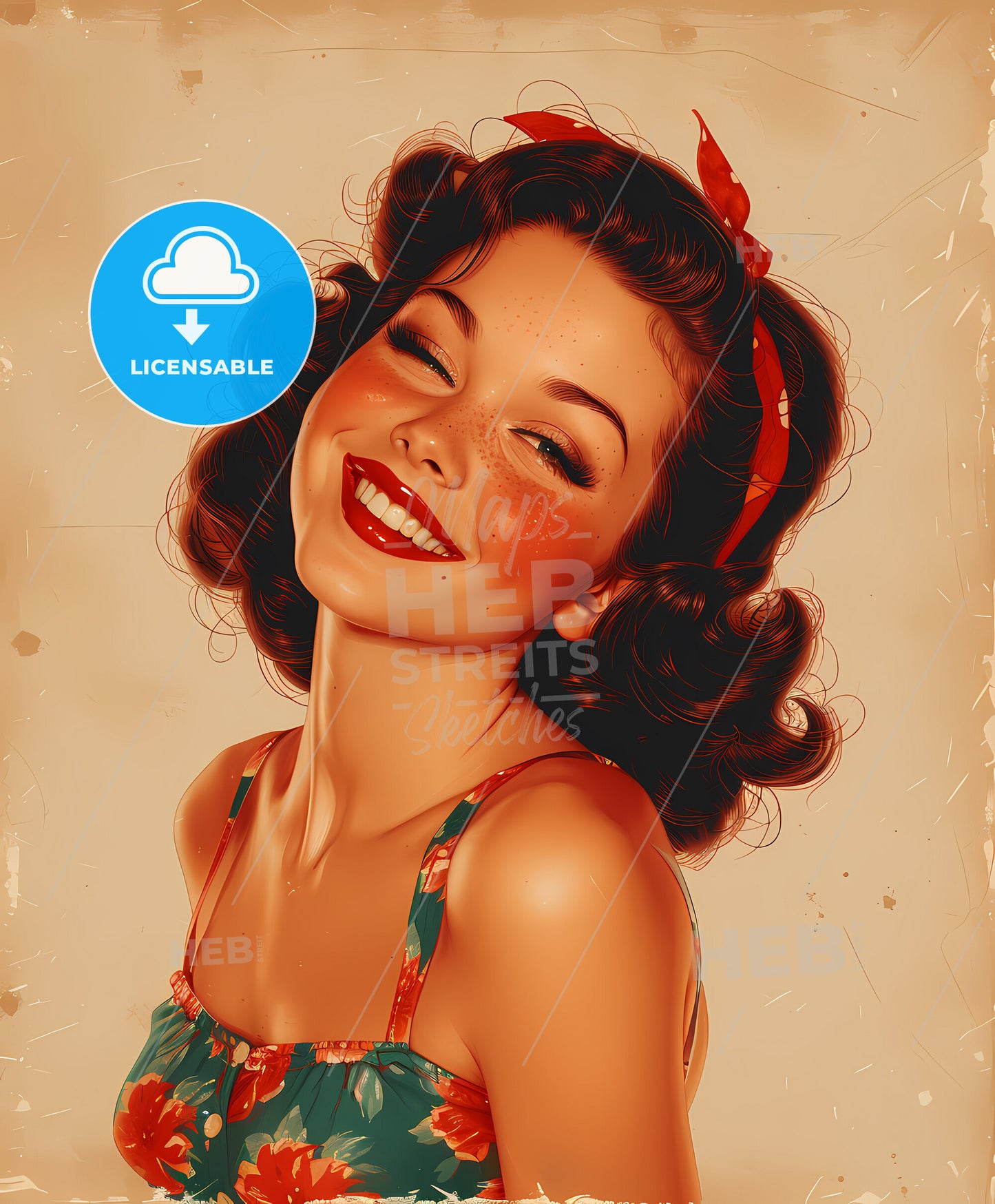 Family, icon, sweeping overdrawn lines, a woman smiling with red lips and freckles