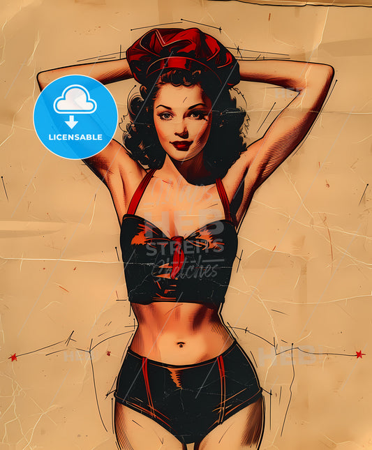 tattoo, waitress girl, vintage pin-up art, a woman in a bathing suit