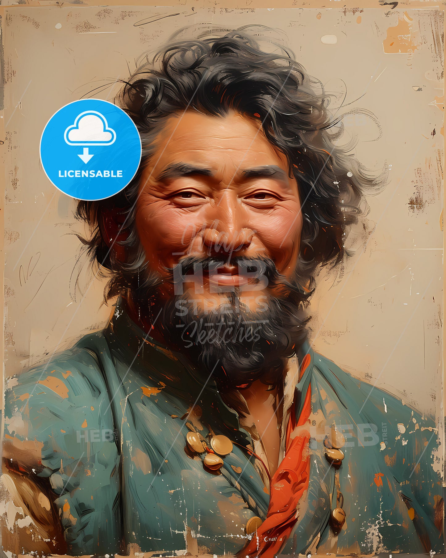 Genghis, Khan, c. 1162 - 1227, a man with a beard and mustache smiling