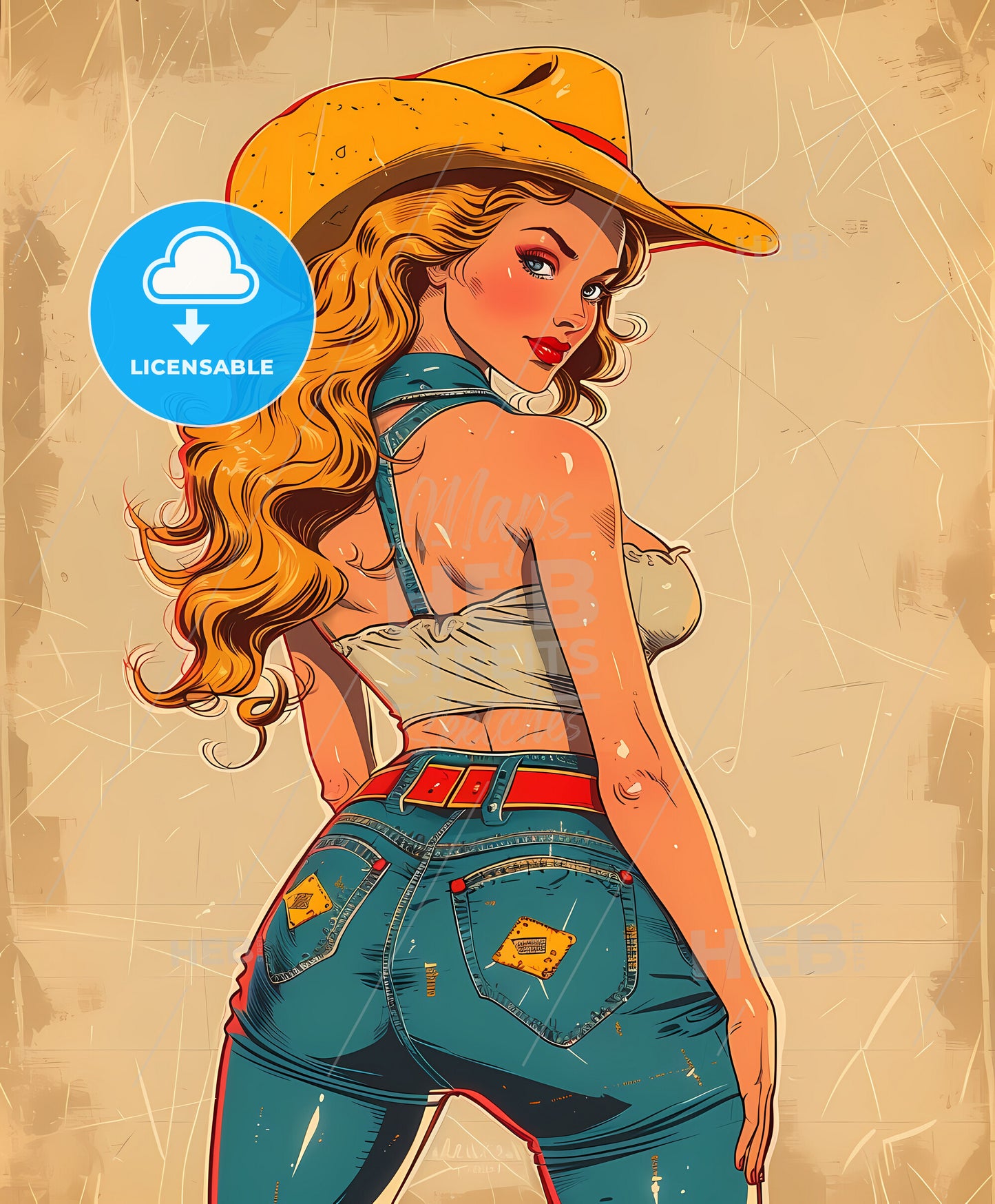 Beautiful , cowgirl, Vintage art illustration, a woman in a cowboy hat