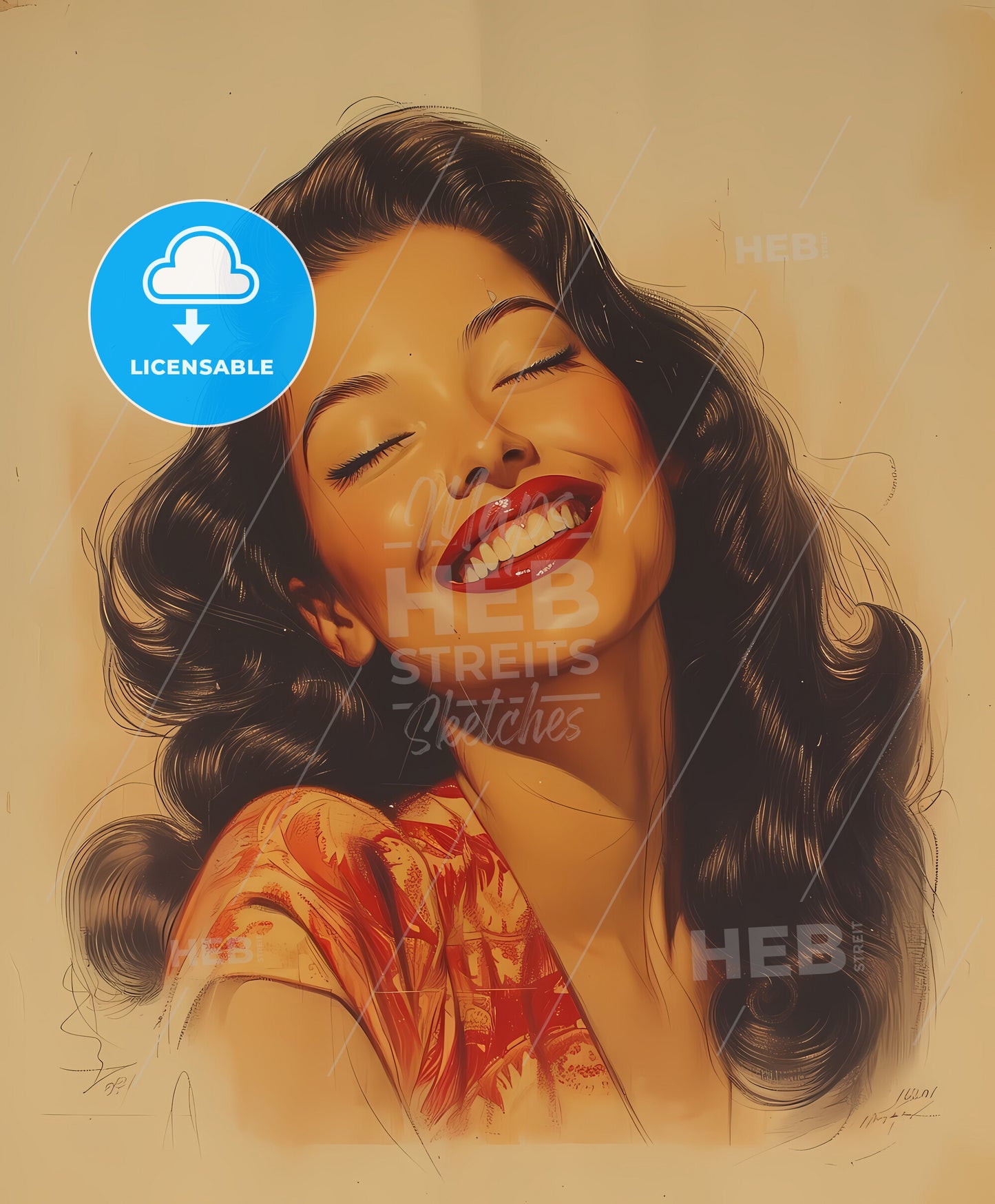 Family, icon, sweeping overdrawn lines, a woman with long hair and red lipstick smiling