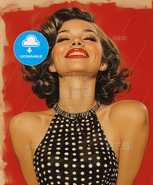 Beautiful, polka dot dress, moochrome ink sketch, a woman with curly hair and red lipstick smiling