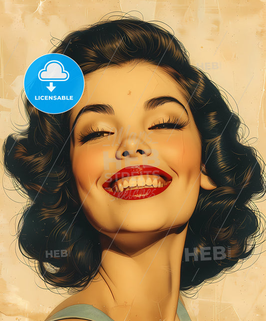 Family, icon, sweeping overdrawn lines, a woman with red lipstick smiling