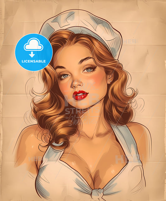 tattoo, waitress girl, vintage pin-up art, a woman wearing a chef hat