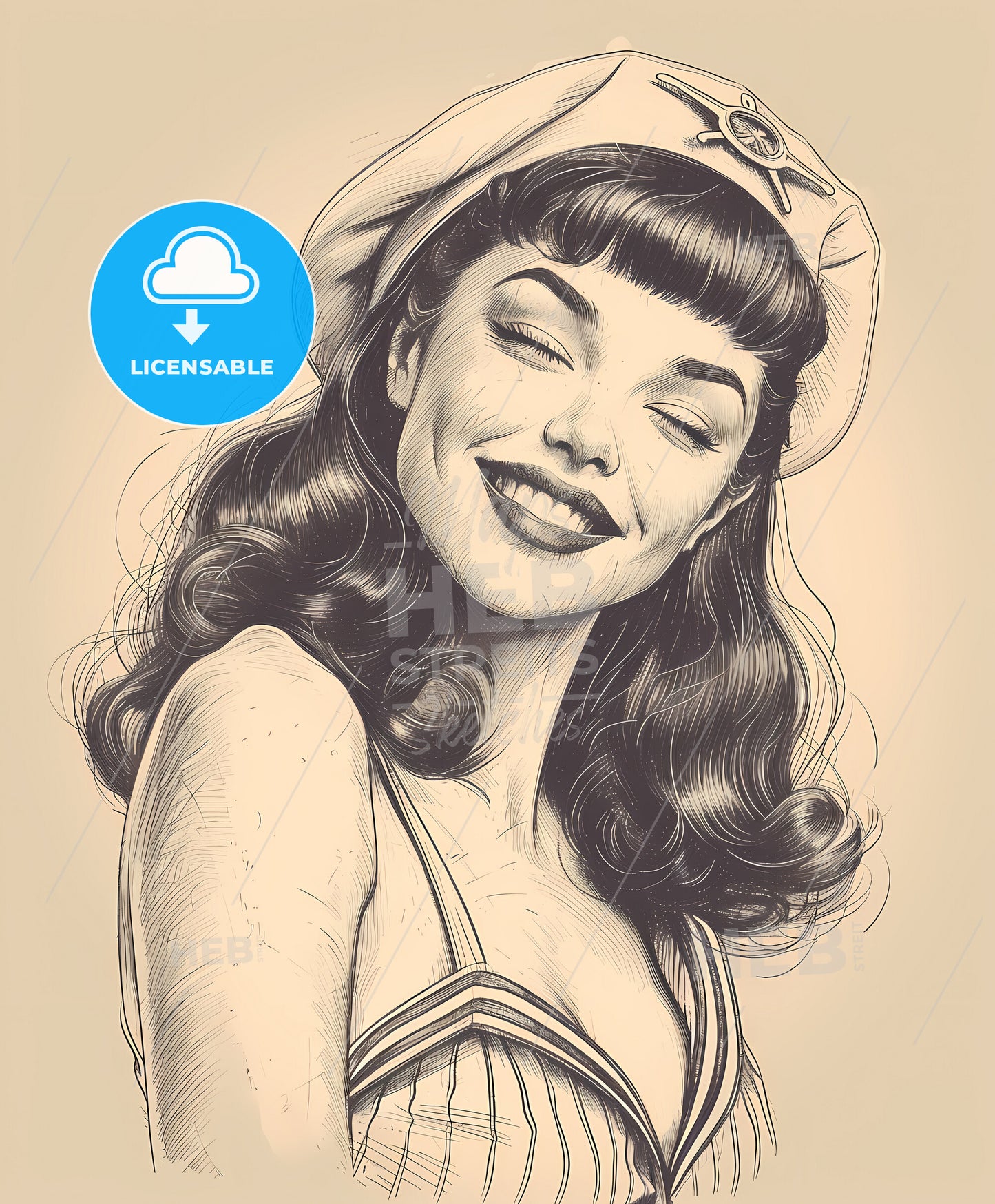 Beauty, sailor swimsuit, sweeping overdrawn lines, a woman with long hair wearing a hat and dress