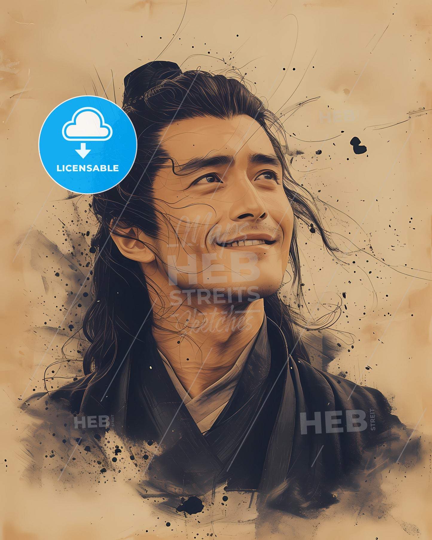 Li Bai, Li Po, 701 - 762, a man with long hair and a black robe