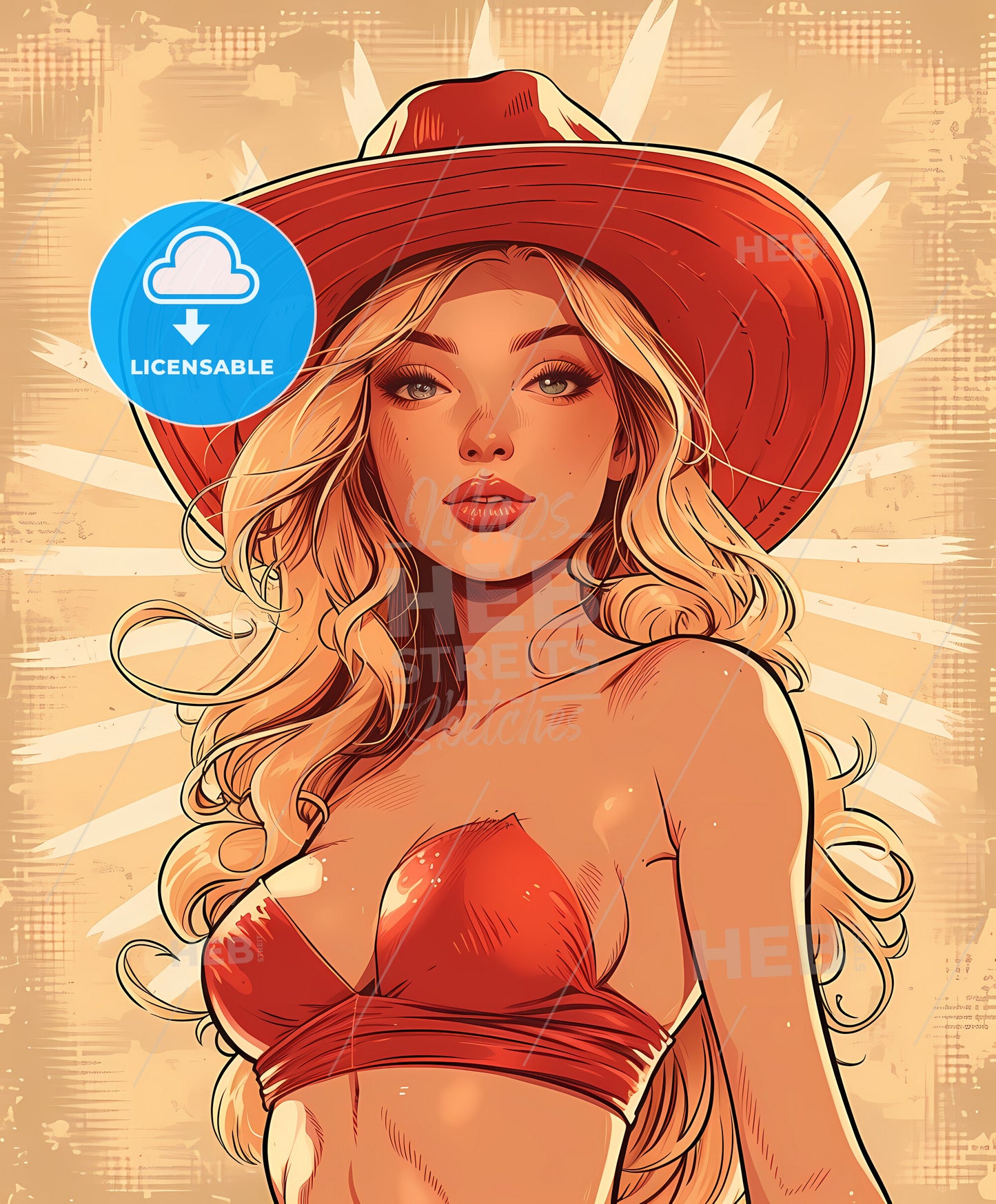 Beautiful , cowgirl, Vintage art illustration, a woman wearing a red hat