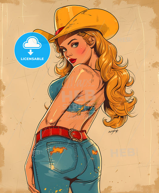 Beautiful , cowgirl, Vintage art illustration, a woman in a cowboy hat