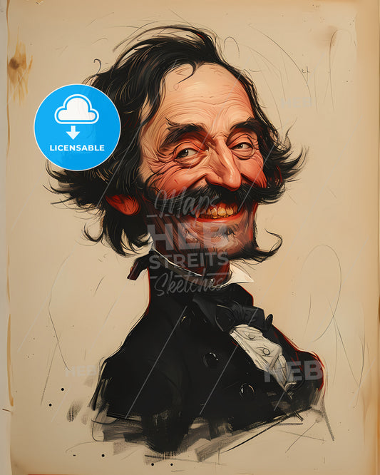 Edgar, Allan Poe, 1809 - 1849, a cartoon of a man with a mustache