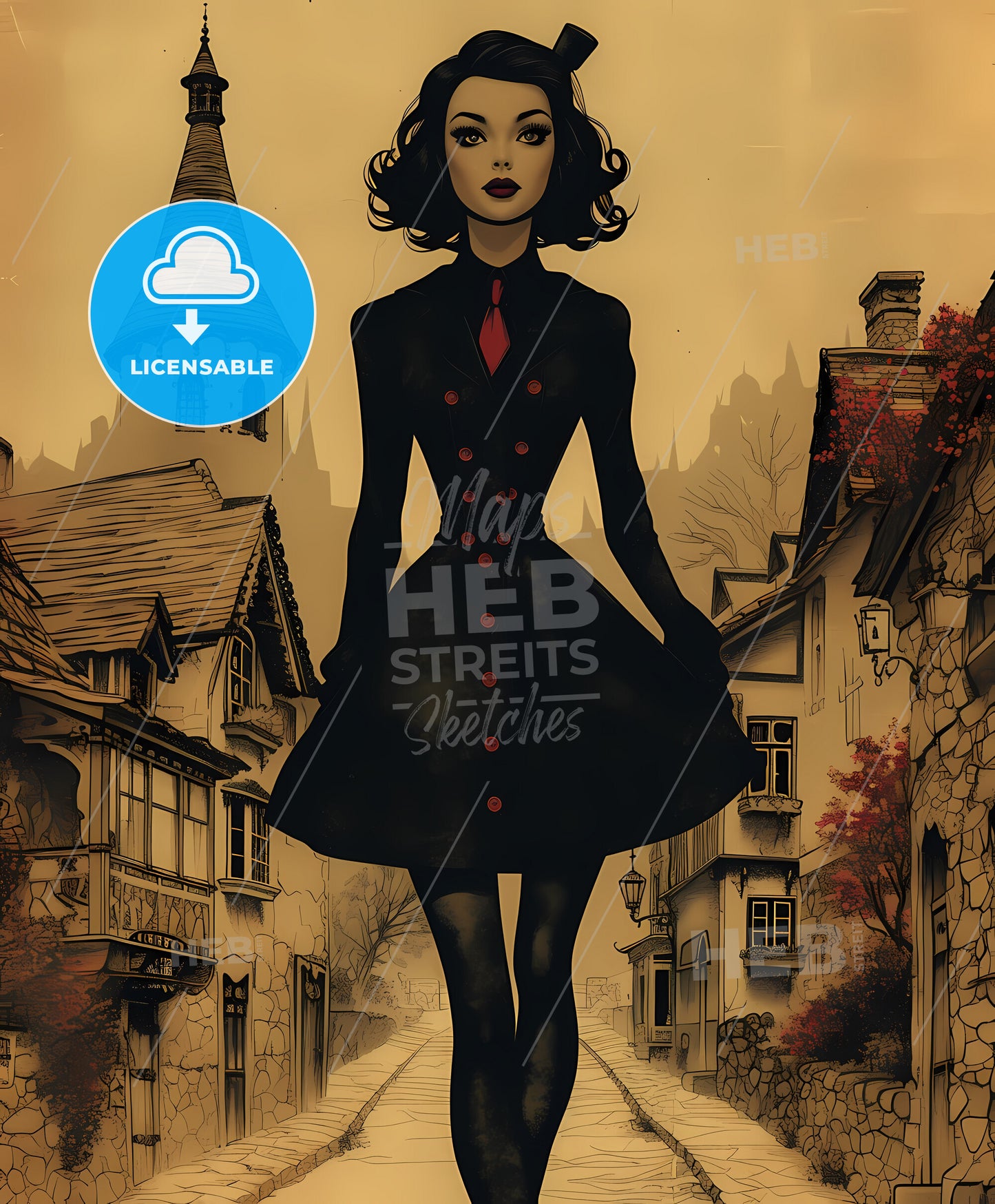 Strange, girl in creepy village, a woman in a black coat walking down a street