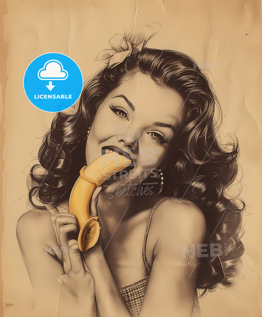 pretty girl, trendy makeup, film noir style, a woman eating a banana