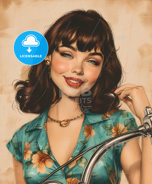 Pin-up, at dressing room, sweeping overdrawn lines, a woman with brown hair and a blue shirt