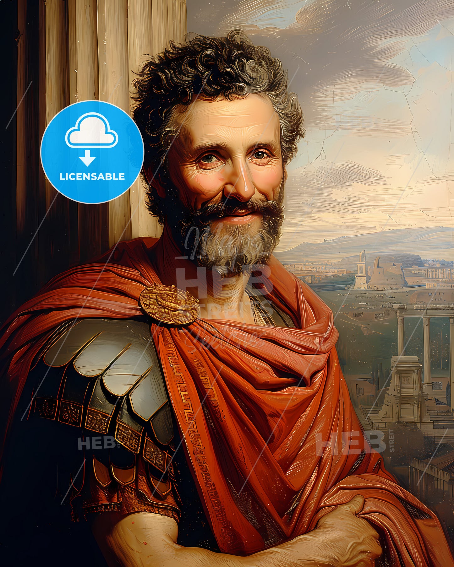 Titus Flavius, Vespasianus, 39 CE - 81 CE, a painting of a man in armor