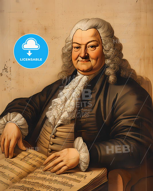 Johann Sebastian, Bach, 1685 - 1750, a man with long white hair and a ruffled collar sitting at a table