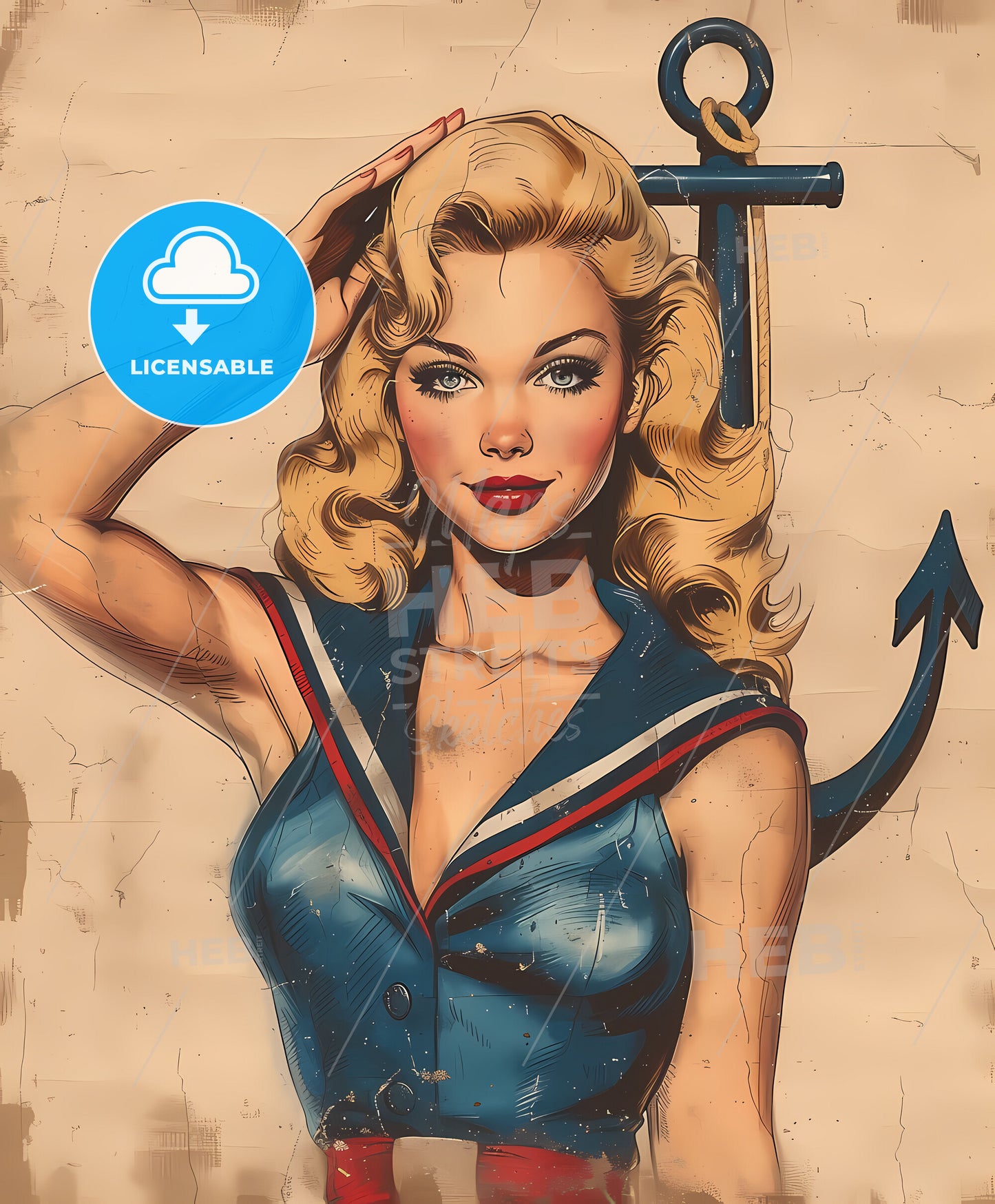 sailor, girl, a woman with blonde hair and a blue dress with a anchor