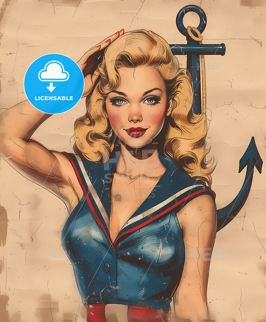 sailor, girl, a woman with blonde hair and a blue dress with a anchor