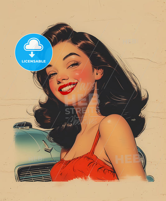 Portrait, Pin-up, moochrome ink sketch portrait, a woman smiling with her eyes closed