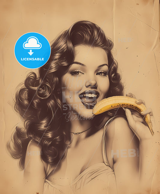 pretty girl, trendy makeup, film noir style, a woman holding a banana