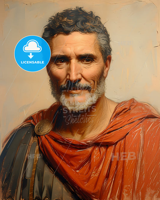Cato, the Elder, 234 BCE - 149 BCE, a man with a beard wearing a red robe
